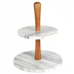 Best Sale โ๏ธ Creative Home 2-Tier Natural Marble And Acacia Wood Cake Dessert Stand, Fruit Plate, Pastry Server, Off-White โ