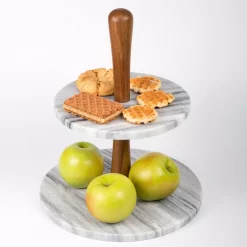 Best Sale ✔️ Creative Home 2-Tier Natural Marble And Acacia Wood Cake Dessert Stand, Fruit Plate, Pastry Server, Off-White ⌛ -Serveware Store Online unnamed file 1041