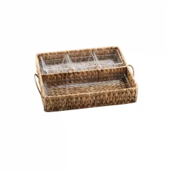 Best deal 😀 Artland Garden Terrace Dbl.Tray Server. Glass Tray 12.25″L, 5″W, 1″H, 3-Glass Bowls 3.75″sq.Water Hyacinth Holder, Gift Box 🥰