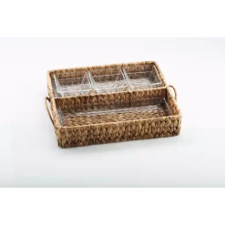 Best deal 😀 Artland Garden Terrace Dbl.Tray Server. Glass Tray 12.25″L, 5″W, 1″H, 3-Glass Bowls 3.75″sq.Water Hyacinth Holder, Gift Box 🥰 -Serveware Store Online unnamed file 1142