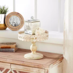 Outlet 💯 LITTON LANE 10 In. W X 9 In. H Round Whitewashed And Rust Brown Cake Stand With Cutout Bunting Overhang 😉 -Serveware Store Online unnamed file 145