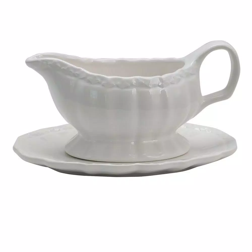 Brand new ✔️ Gibson Home Caf Posh 15 Oz.White Color Gravy Boat With Saucer 🔔 2 Brand new ✔️ Gibson Home Caf Posh 15 Oz.White Color Gravy Boat With Saucer 🔔
