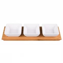 Budget 😍 Creative Home 4-Pieces Stoneware Square Bowls And Natural Bamboo Serving Dishes For Parties Rectangular Tray Snack Serving Set 🥰