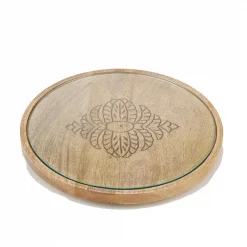 Wholesale ✨ Mind Reader Brown Bamboo Serving Tray Round Cheese Platter Decorative Display Tray With Glass Top ❤️