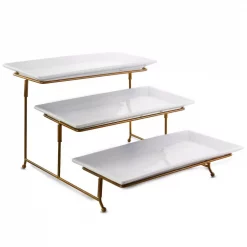 Discount 🧨 GIBSON Elite Gracious Dining 3-Compartment Plate Set With Gold Metal Stand ❤️