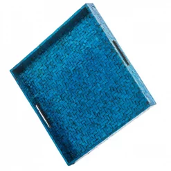 Brand new 👍 Abigails 17.75 In. L X 17.75 In. W X 2 In. H Blue Wooden Lacquered Basket Weave Square Tray 😍