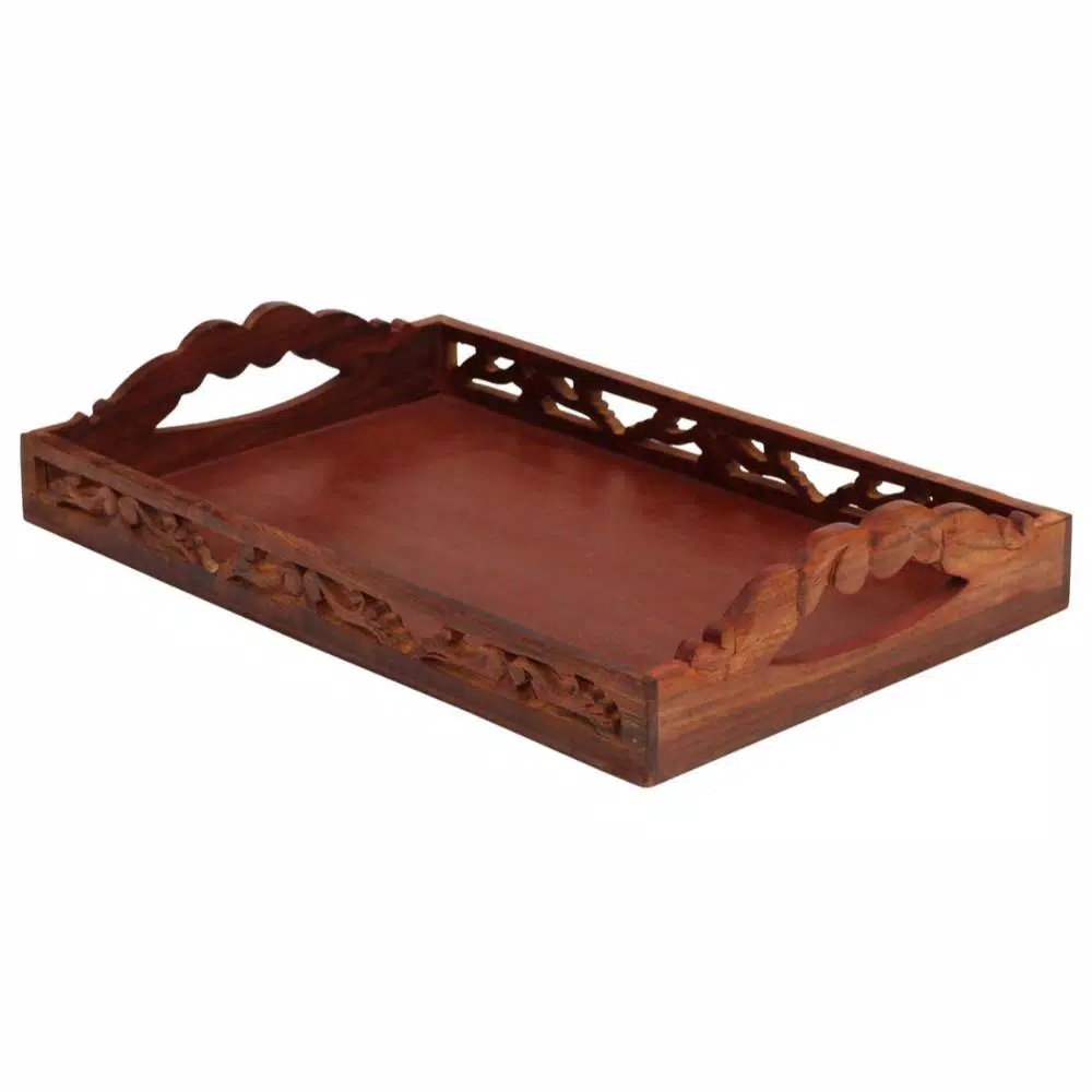 New 🌟 Benzara Carved Brown Wooden Serving Tray With Handles 💯 4 New 🌟 Benzara Carved Brown Wooden Serving Tray With Handles 💯 - Image 2