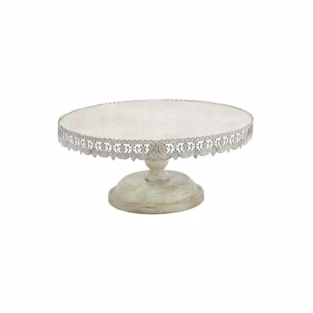 Cheapest ❤️ LITTON LANE 22 In. W X 10 In. H Whitewashed And Rust Brown Round Iron Cake Stand With Floral Bunting Overhang 😍 3 Cheapest ❤️ LITTON LANE 22 In. W X 10 In. H Whitewashed And Rust Brown Round Iron Cake Stand With Floral Bunting Overhang 😍