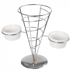 Best Sale ๐ Creative Home Chrome Iron Wire French Fry Set With Single Cone Holder, 2-Ceramic Ramekins For Dipping Sauce ๐