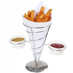 Best Sale 😉 Creative Home Chrome Iron Wire French Fry Set With Single Cone Holder, 2-Ceramic Ramekins For Dipping Sauce 😉 -Serveware Store Online unnamed file 566