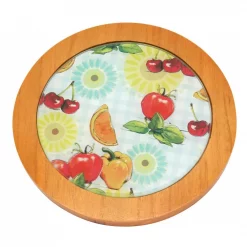 Brand new โจ Creative Home 7.5 In. Round Tempered Glass Trivet Serving Board, Fruit Pattern With Solid Wood Trim ๐