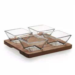 Hot Sale ❤️ Libbey Acaciawood 4-Piece Glass Antipasto Bowl Set With Wood Serving Board 🌟